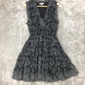 Max Studio Midi Dress Womens Medium Black Floral V-Neck Smocked Waist